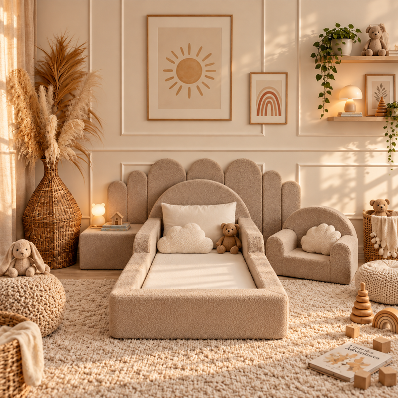 Soft foam Montessori beds for toddlers in bouclé and corduroy by Monio