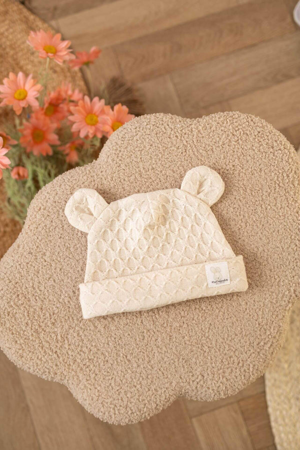 Knitted Baby Hat with Ears – Natural Rhombus