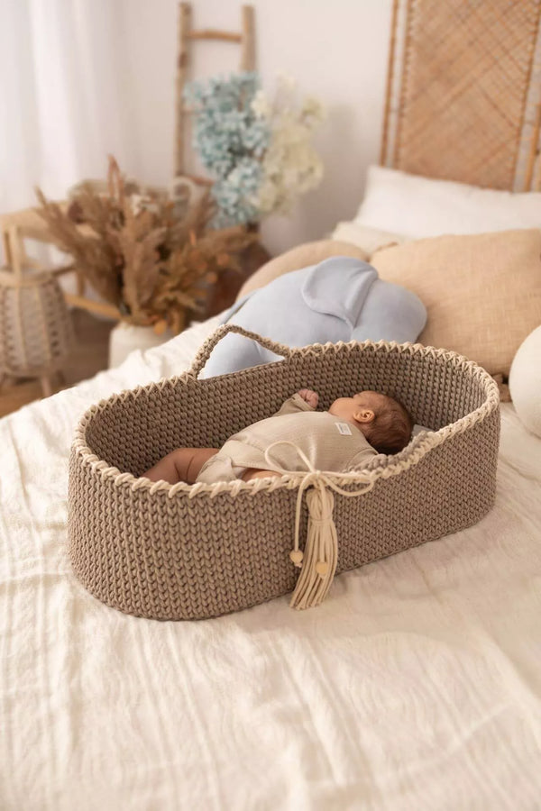 Handmade Crochet Moses Basket Two-Tone  - Cappuccino with Cream