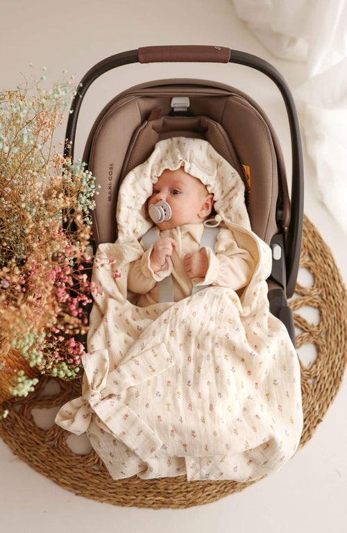 Summer Car Seat Blanket – 100% Muslin Cotton - Floral Meadow
