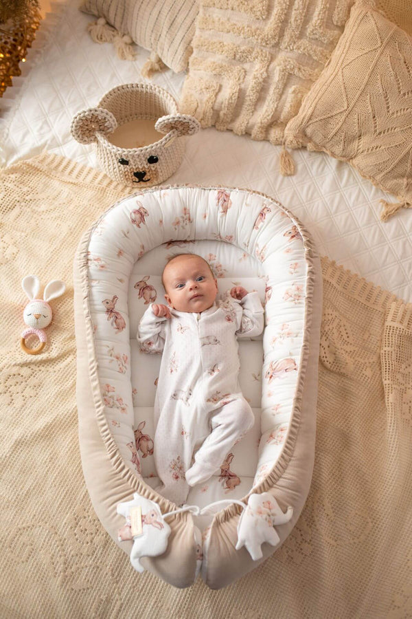 Baby Nest - Bunnies with Bows with Light Beige Velvet