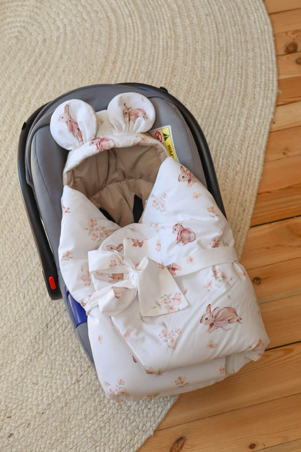 Car Seat Blanket - Velvet & Cotton - Bunnies with Bows with Beige Velvet