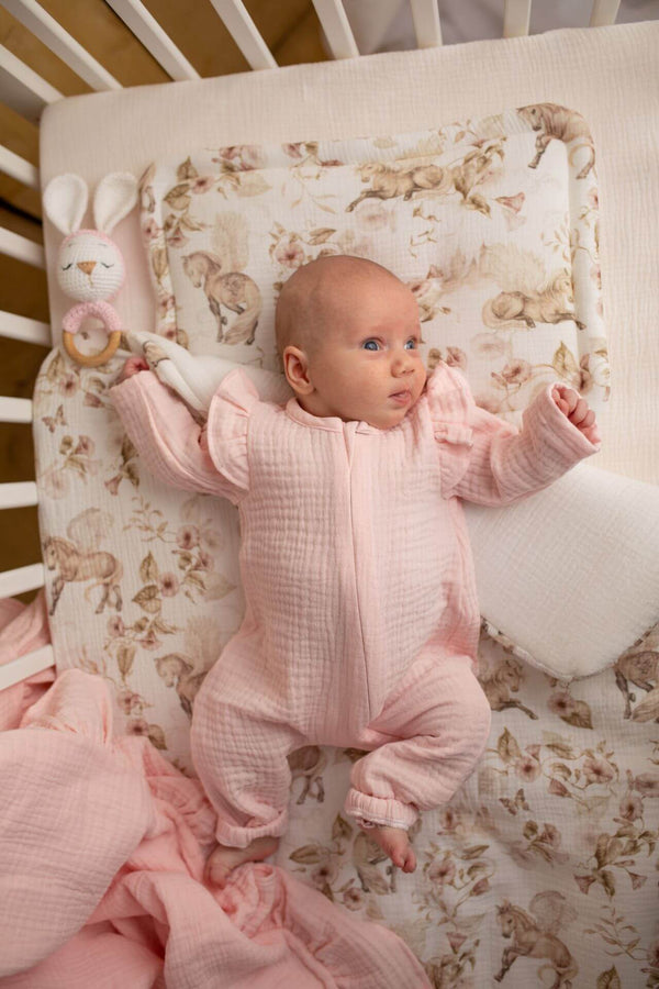 Soft GOTS Organic Cotton Muslin Rompers, Zip Up - Light Pink with a Frill (0-12 months)