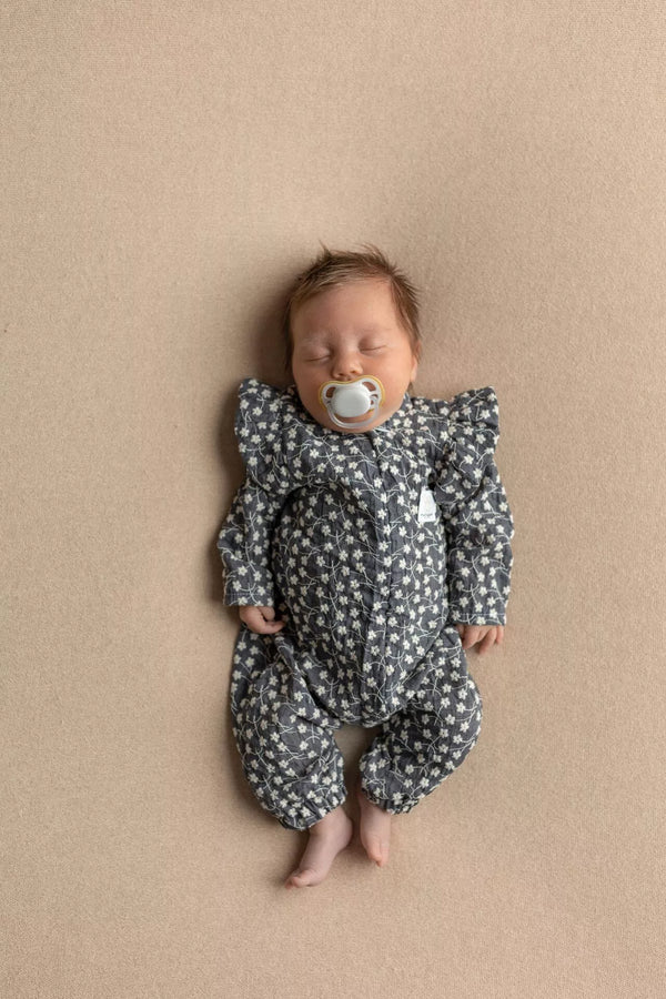 Soft Cotton Rompers with Embroidered Flowers, Zip Up - Graphite (0-12 months)