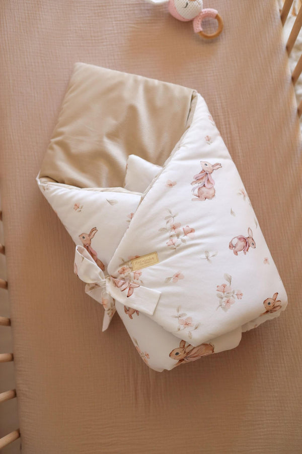 Newborn Baby Swaddle Blanket - Bunnies with Bows with Light Beige Velvet