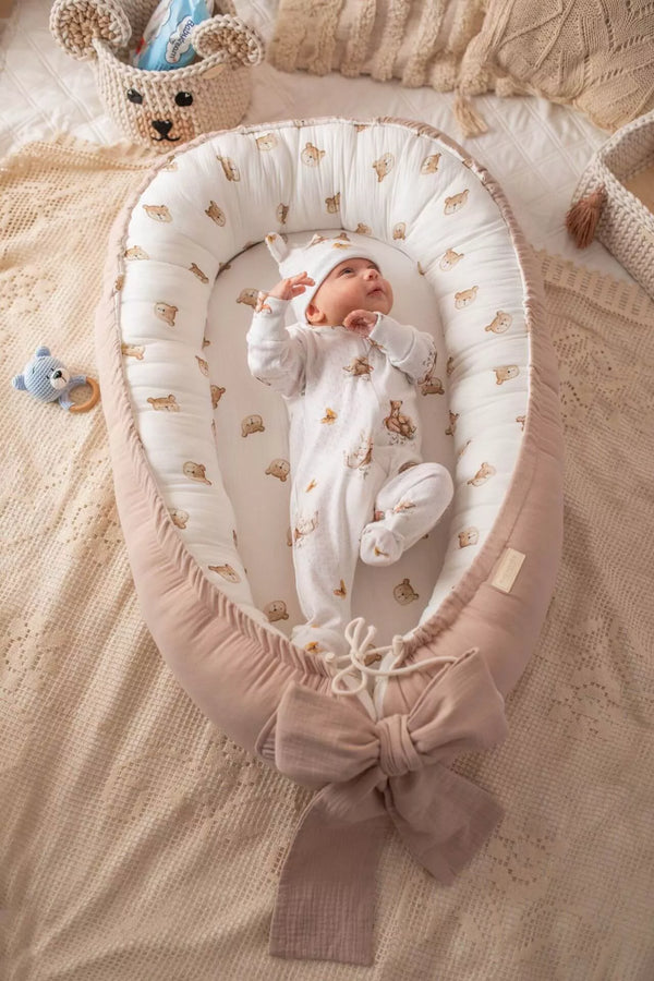 Soft Muslin Handmade Baby Nest - Teddy Bear with Beige