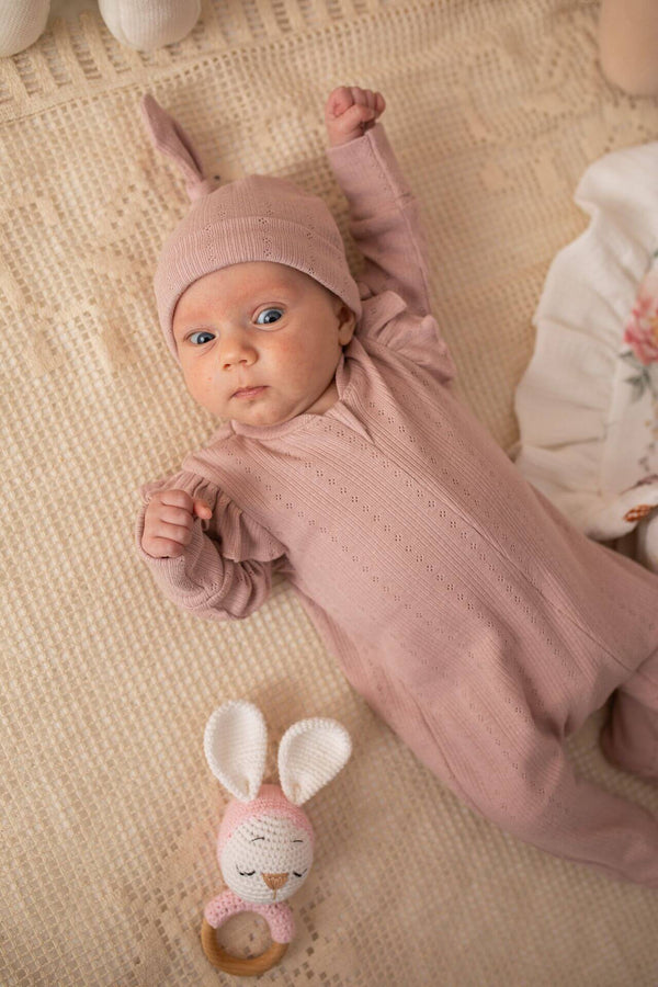 Soft Cotton Baby Sleepsuit, Zip Up - Pink with a frill Openwork (0-12 months)