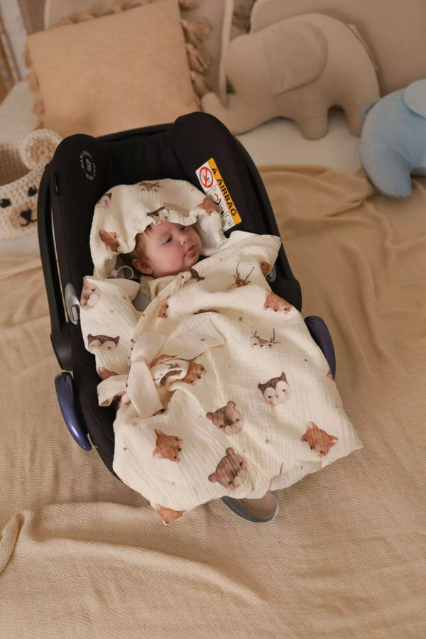 Summer Car Seat Blanket - 100% Muslin Cotton - Forest Friends